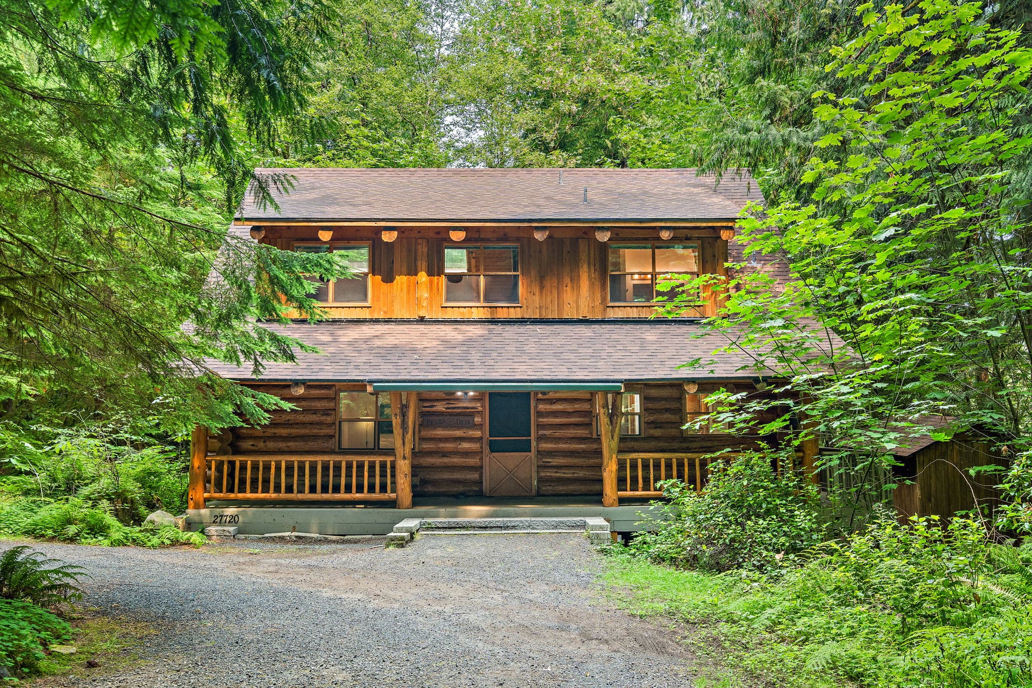 Log cabin surrounded by old-growth forest.