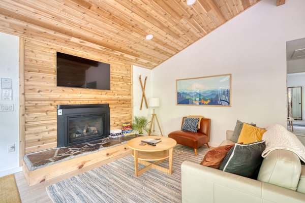 Living room with fireplace and TV.