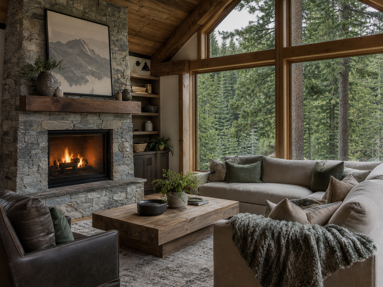 Cozy Mt. Hood cabin living room with fireplace